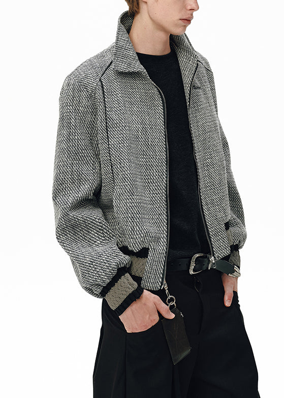 Plaid Grey Zip Up Oversized Patchwork Cotton Mens Jacket Fall
