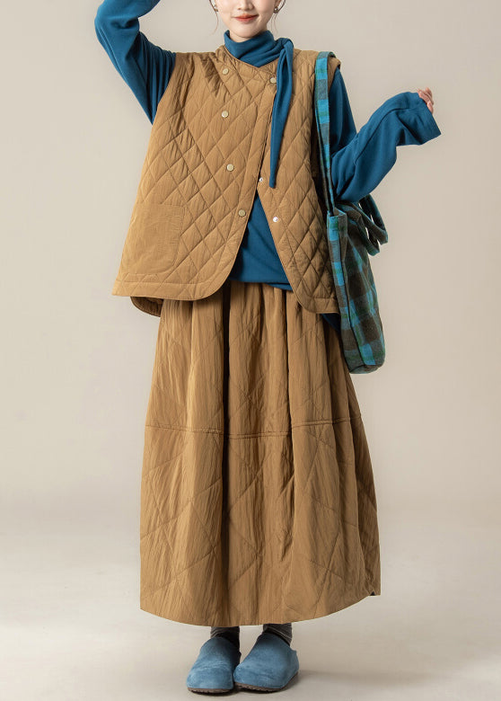 Plaid Khaki Button Cotton Filled Waistcoat And Skirts Three Pieces Set Winter