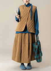 Plaid Khaki Button Cotton Filled Waistcoat And Skirts Three Pieces Set Winter