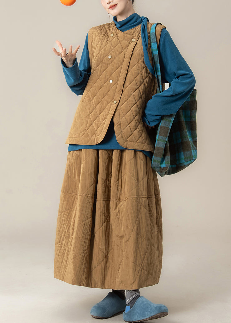 Plaid Khaki Button Cotton Filled Waistcoat And Skirts Three Pieces Set Winter