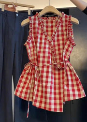 Plaid Red Ruffled Tie Waist Cotton Blouses Sleeveless