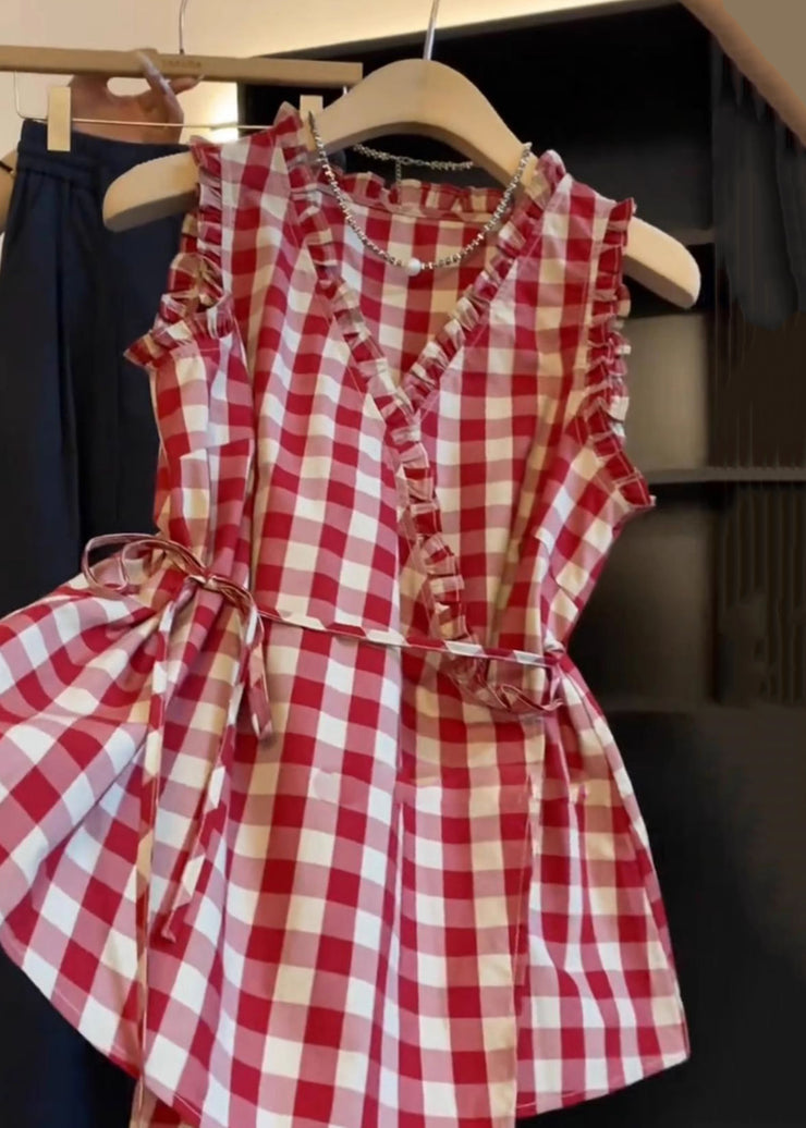 Plaid Red Ruffled Tie Waist Cotton Blouses Sleeveless