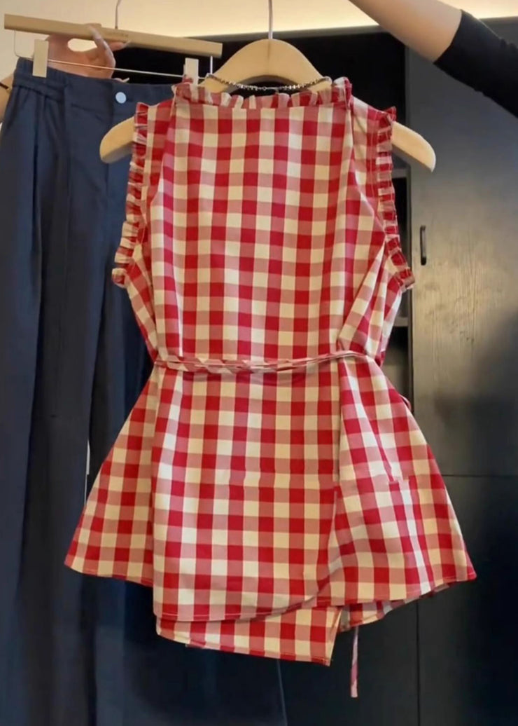 Plaid Red Ruffled Tie Waist Cotton Blouses Sleeveless