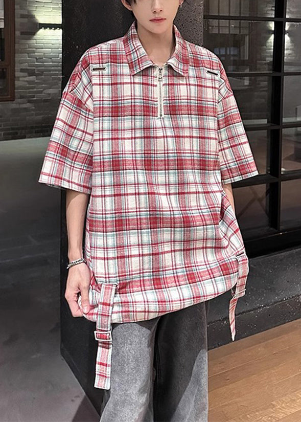 Plaid Red Zip Up Oversized Cotton Men&