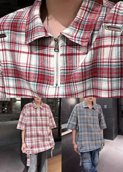 Plaid Red Zip Up Oversized Cotton Men's Shirts Half Sleeve