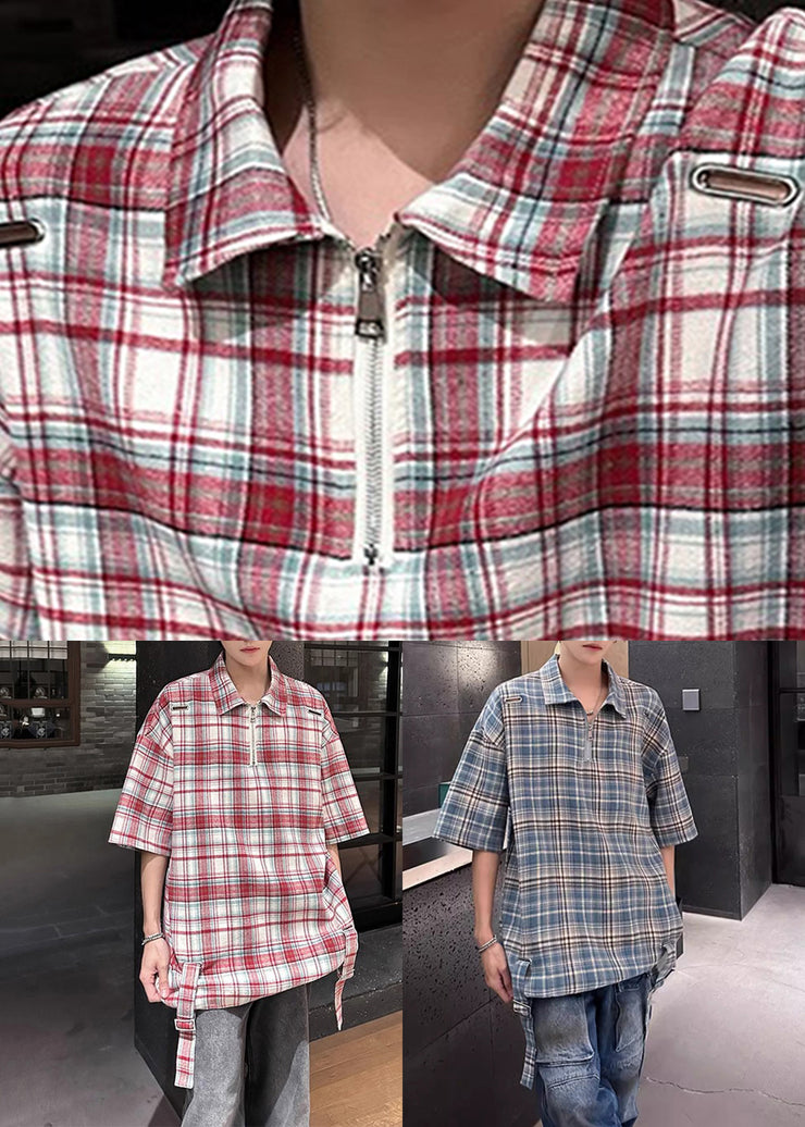 Plaid Red Zip Up Oversized Cotton Men&