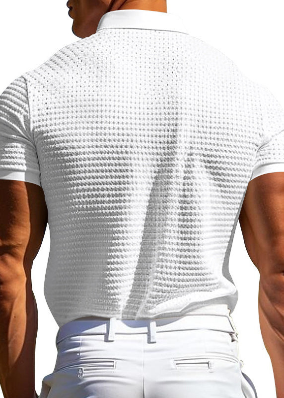 Plaid White Peter Pan Collar Solid Cotton Men Polo Shirts Summer