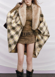 Plaid Yellow Fur Collar Pockets Patchwork Woolen Coats Batwing Sleeve