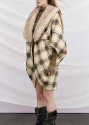 Plaid Yellow Fur Collar Pockets Patchwork Woolen Coats Batwing Sleeve