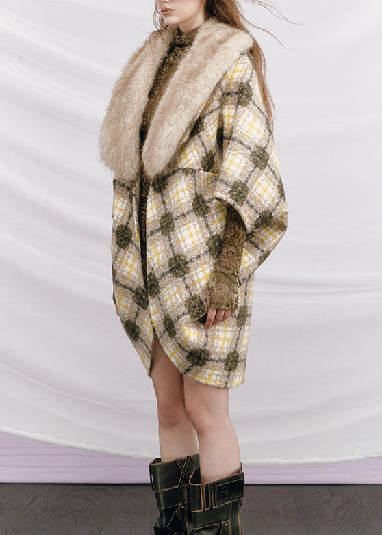 Plaid Yellow Fur Collar Pockets Patchwork Woolen Coats Batwing Sleeve