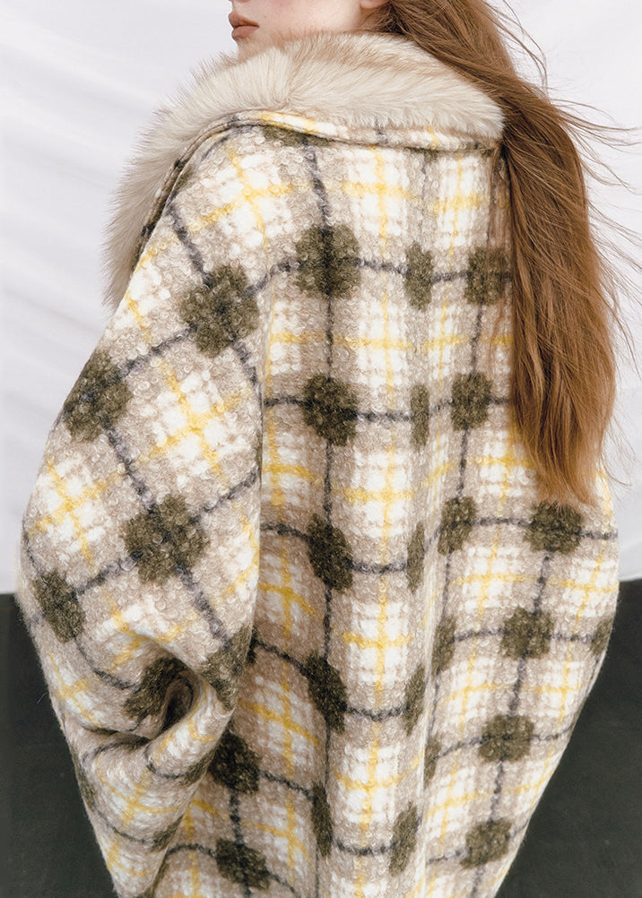 Plaid Yellow Fur Collar Pockets Patchwork Woolen Coats Batwing Sleeve