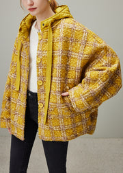 Plaid Yellow Hooded Button Pockets Oversized Woolen Coats Winter