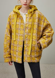 Plaid Yellow Hooded Button Pockets Oversized Woolen Coats Winter