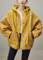 Plaid Yellow Hooded Button Pockets Oversized Woolen Coats Winter