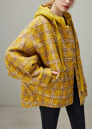 Plaid Yellow Hooded Button Pockets Oversized Woolen Coats Winter
