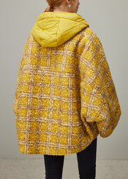 Plaid Yellow Hooded Button Pockets Oversized Woolen Coats Winter