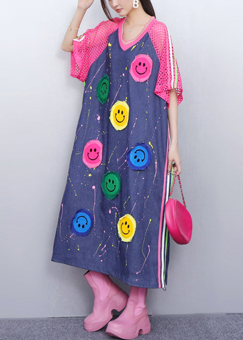 Playful Pink Smiley Hollow Out Patchwork Denim Long Dress Summer