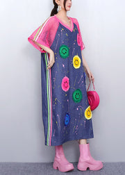 Playful Pink Smiley Hollow Out Patchwork Denim Long Dress Summer