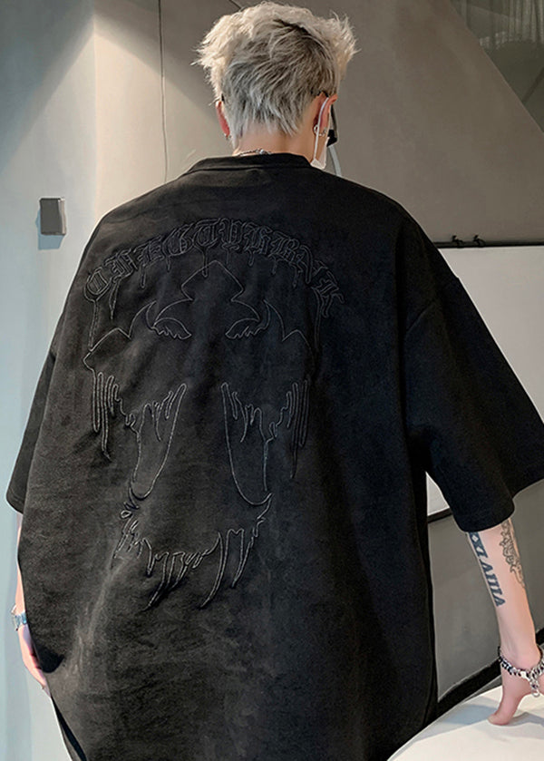 Plus Size Apricot Embroideried Faux Suede T Shirts Men Apparel Summer