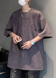 Plus Size Apricot Embroideried Faux Suede T Shirts Men Apparel Summer