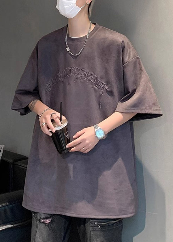 Plus Size Apricot Embroideried Faux Suede T Shirts Men Apparel Summer