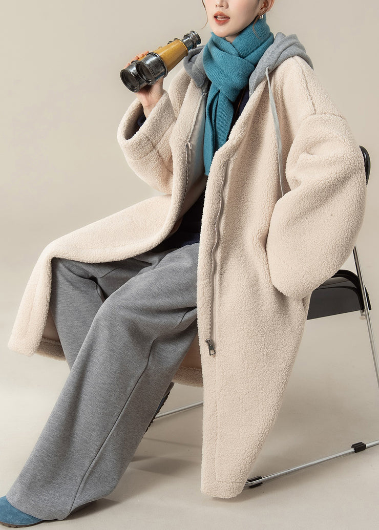 Plus Size Apricot Hooded Zippered Patchwork Teddy Faux Fur Coat Winter