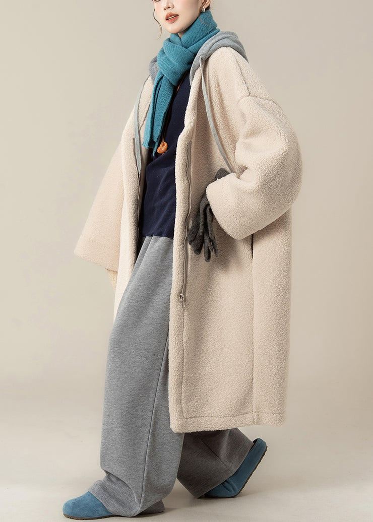 Plus Size Apricot Hooded Zippered Patchwork Teddy Faux Fur Coat Winter