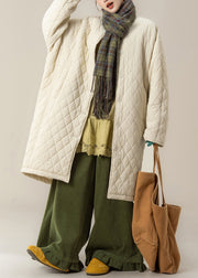 Plus Size Apricot O Neck Plaid Pockets Cotton Filled Parka Winter