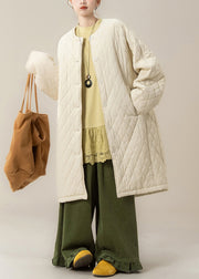 Plus Size Apricot O Neck Plaid Pockets Cotton Filled Parka Winter