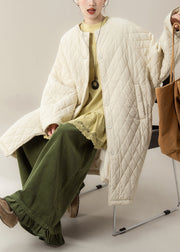 Plus Size Apricot O Neck Plaid Pockets Cotton Filled Parka Winter