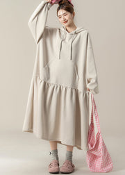 Plus Size Apricot Patchwork Cotton Hooded Dresses Fall