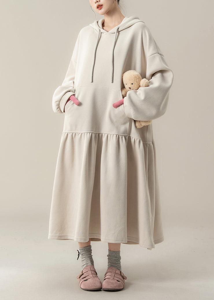 Plus Size Apricot Patchwork Cotton Hooded Dresses Fall