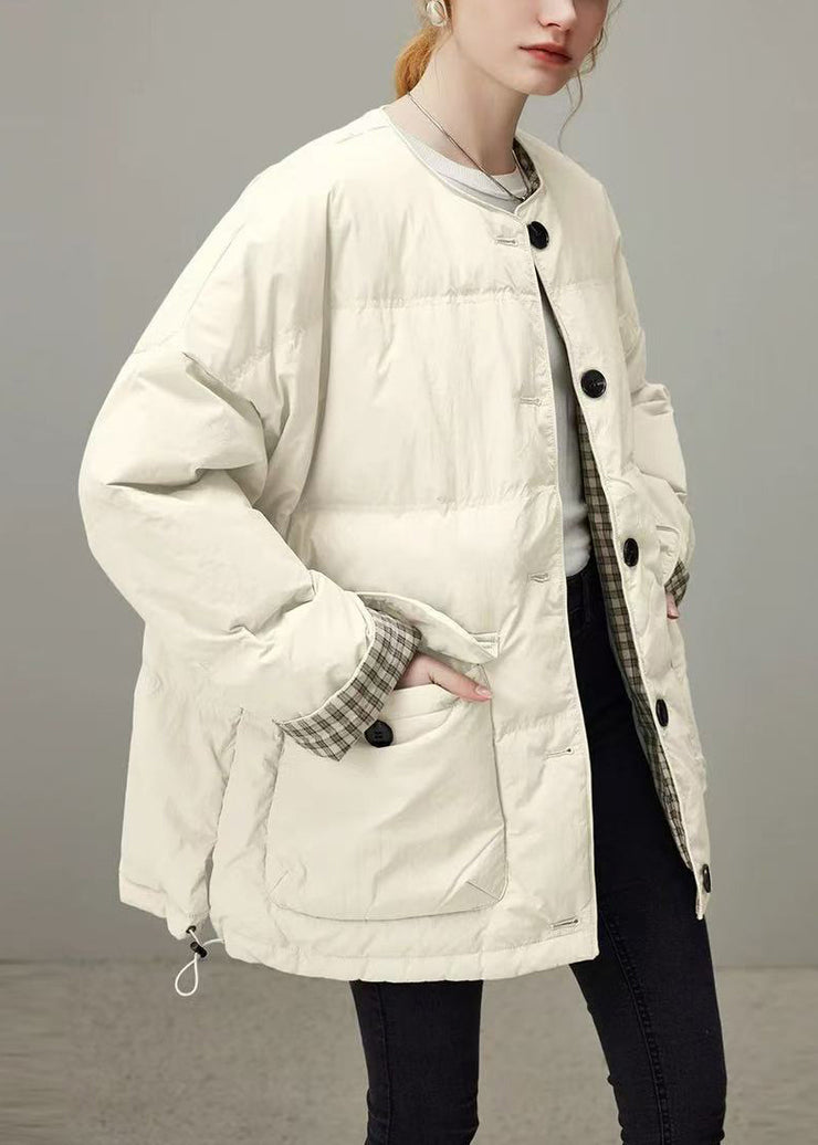 Plus Size Apricot Plaid Drawstring Pockets Duck Down Down Coat