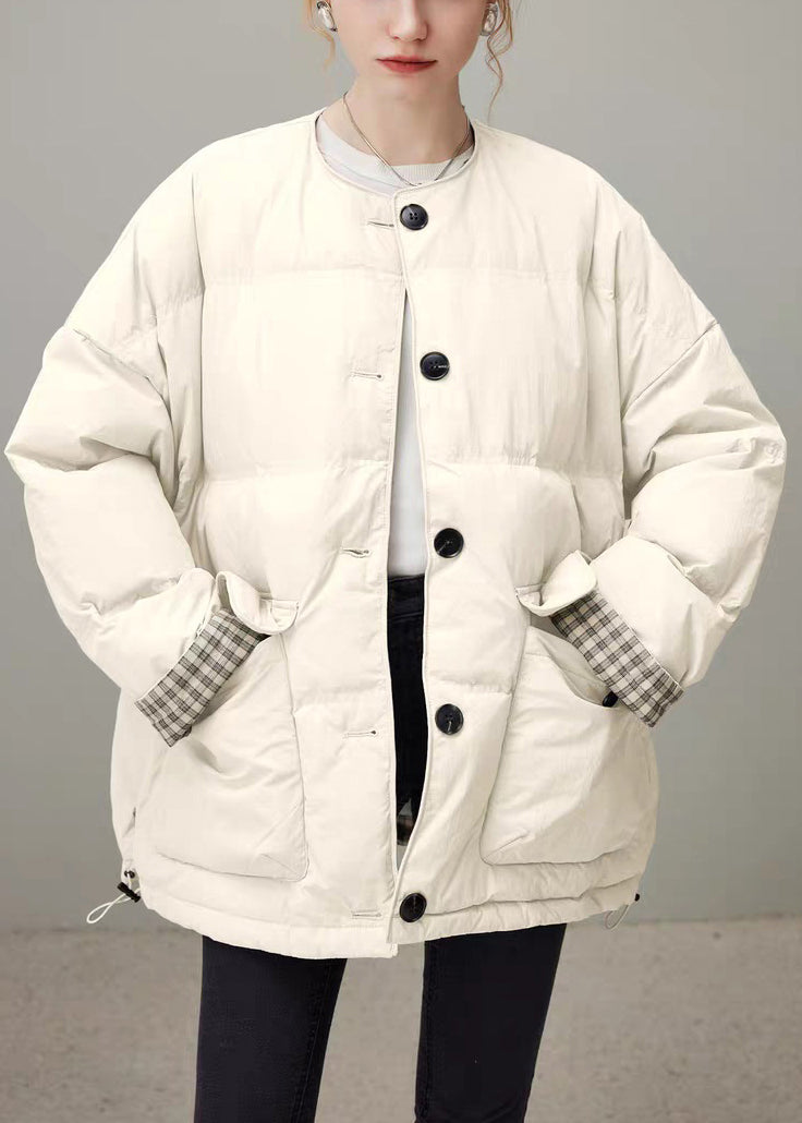 Plus Size Apricot Plaid Drawstring Pockets Duck Down Down Coat