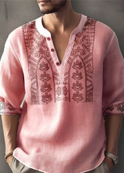 Plus Size Apricot Print Button Cotton Men T Shirt Fall