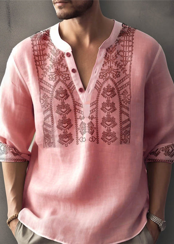 Plus Size Apricot Print Button Cotton Men T Shirt Fall