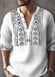 Plus Size Apricot Print Button Cotton Men T Shirt Fall