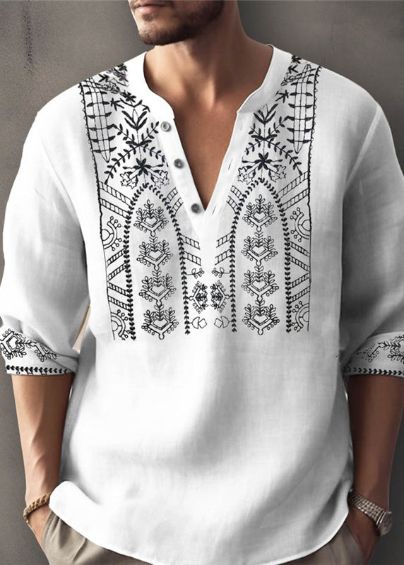 Plus Size Apricot Print Button Cotton Men T Shirt Fall
