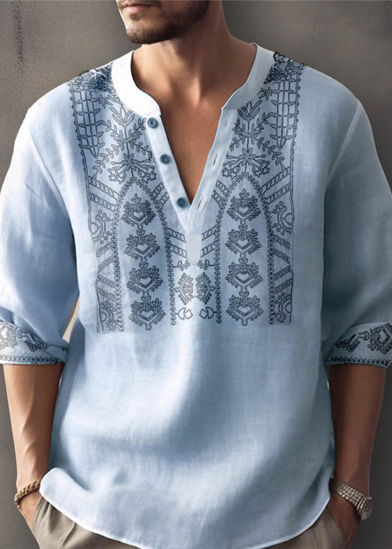 Plus Size Apricot Print Button Cotton Men T Shirt Fall