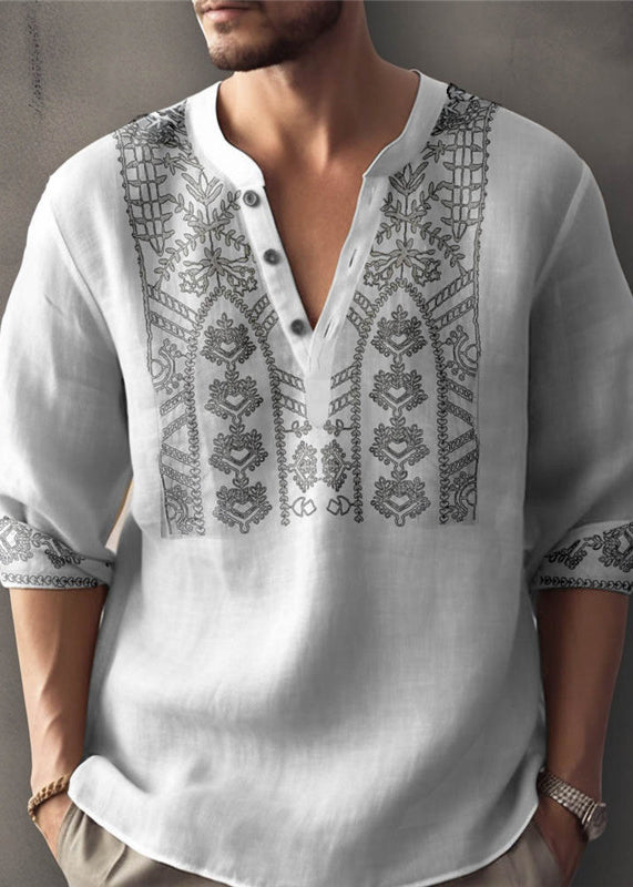 Plus Size Apricot Print Button Cotton Men T Shirt Fall