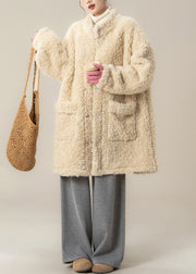 Plus Size Apricot Stand Collar Pockets Teddy Coat Winter