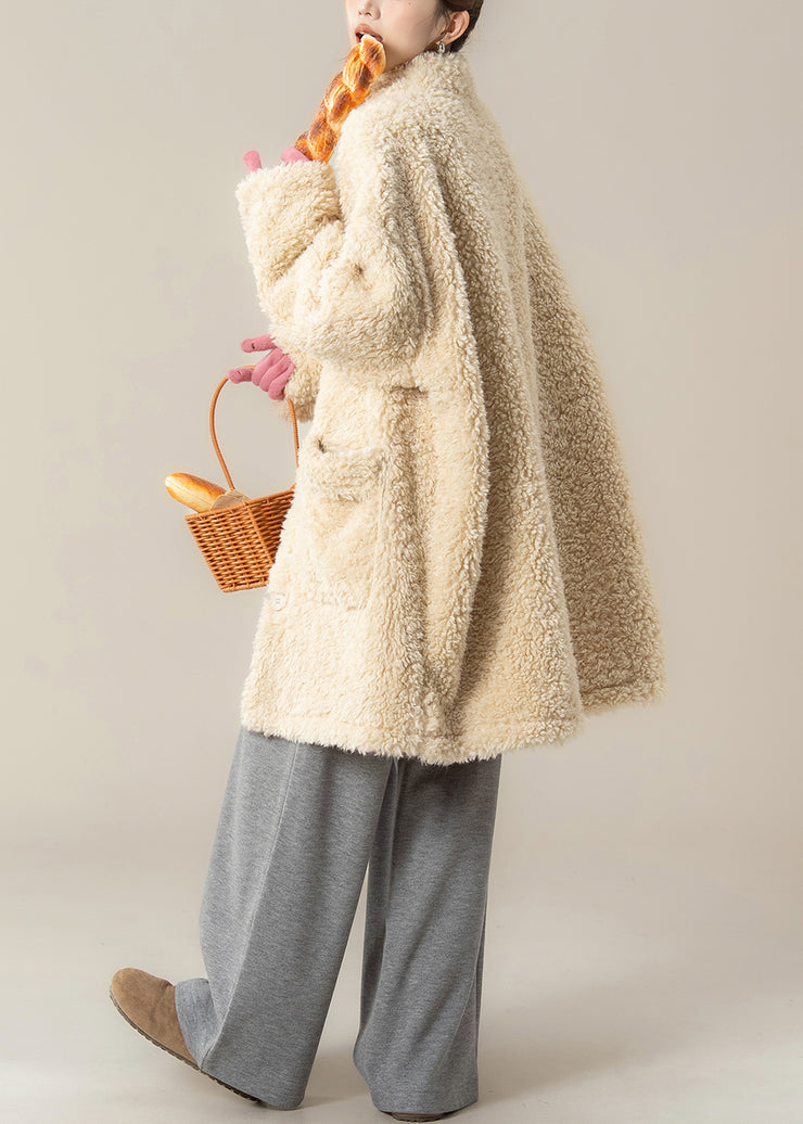 Plus Size Apricot Stand Collar Pockets Teddy Coat Winter