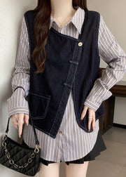 Plus Size Asymmetrical Striped Cotton Fake Two Piece Top Fall