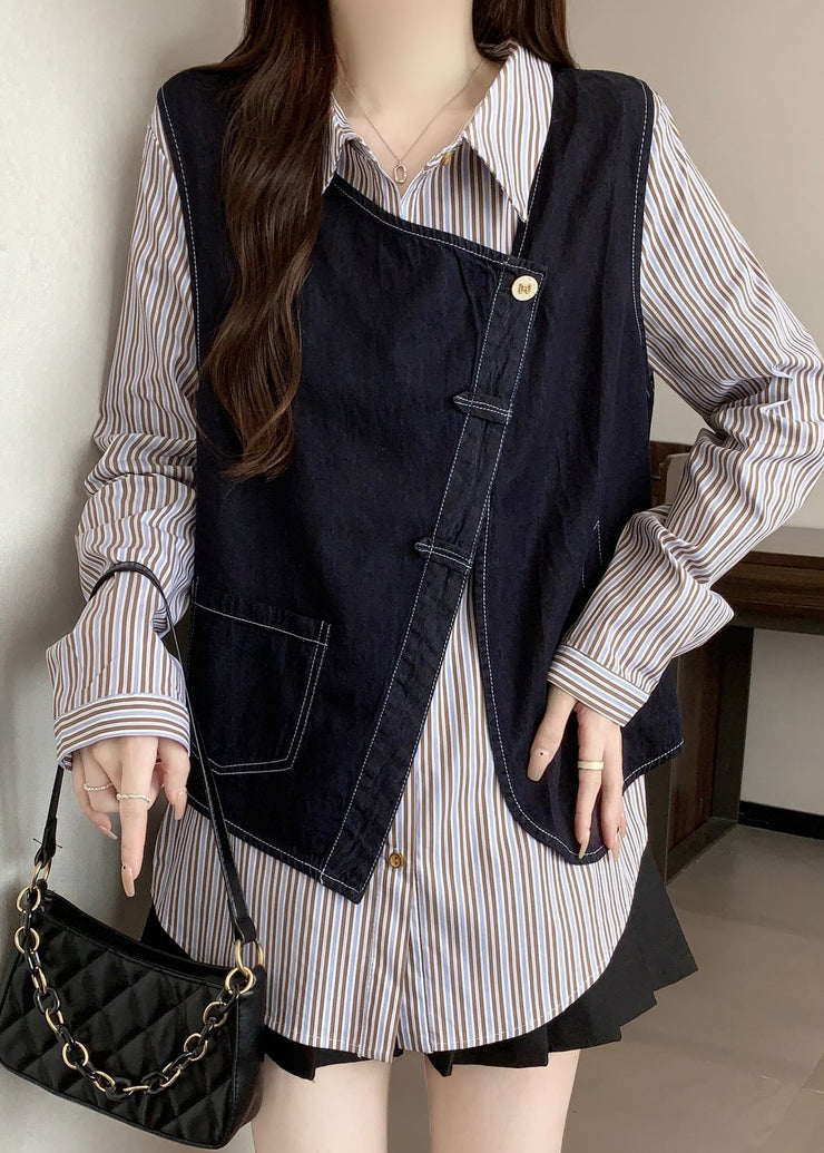 Plus Size Asymmetrical Striped Cotton Fake Two Piece Top Fall