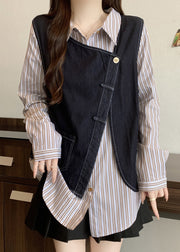 Plus Size Asymmetrical Striped Cotton Fake Two Piece Top Fall