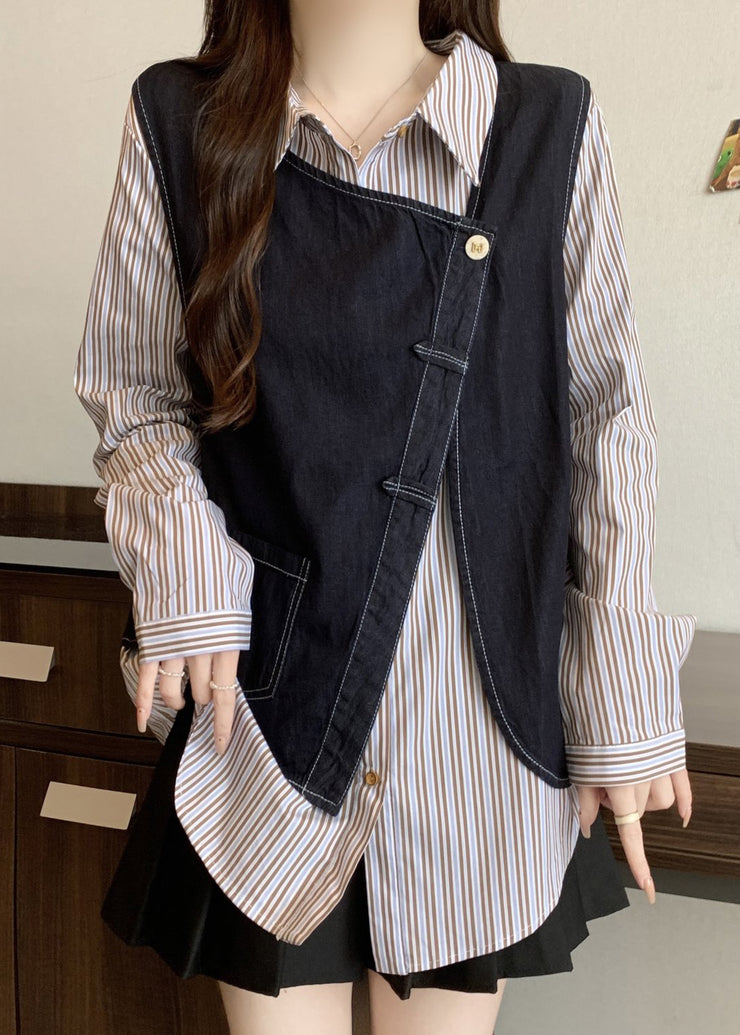 Plus Size Asymmetrical Striped Cotton Fake Two Piece Top Fall