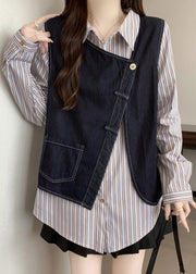 Plus Size Asymmetrical Striped Cotton Fake Two Piece Top Fall