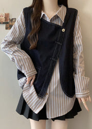 Plus Size Asymmetrical Striped Cotton Fake Two Piece Top Fall