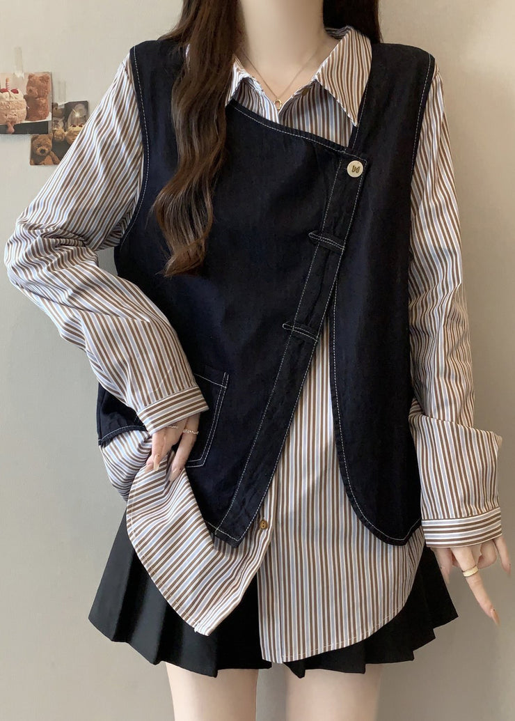 Plus Size Asymmetrical Striped Cotton Fake Two Piece Top Fall