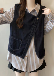 Plus Size Asymmetrical Striped Cotton Fake Two Piece Top Fall